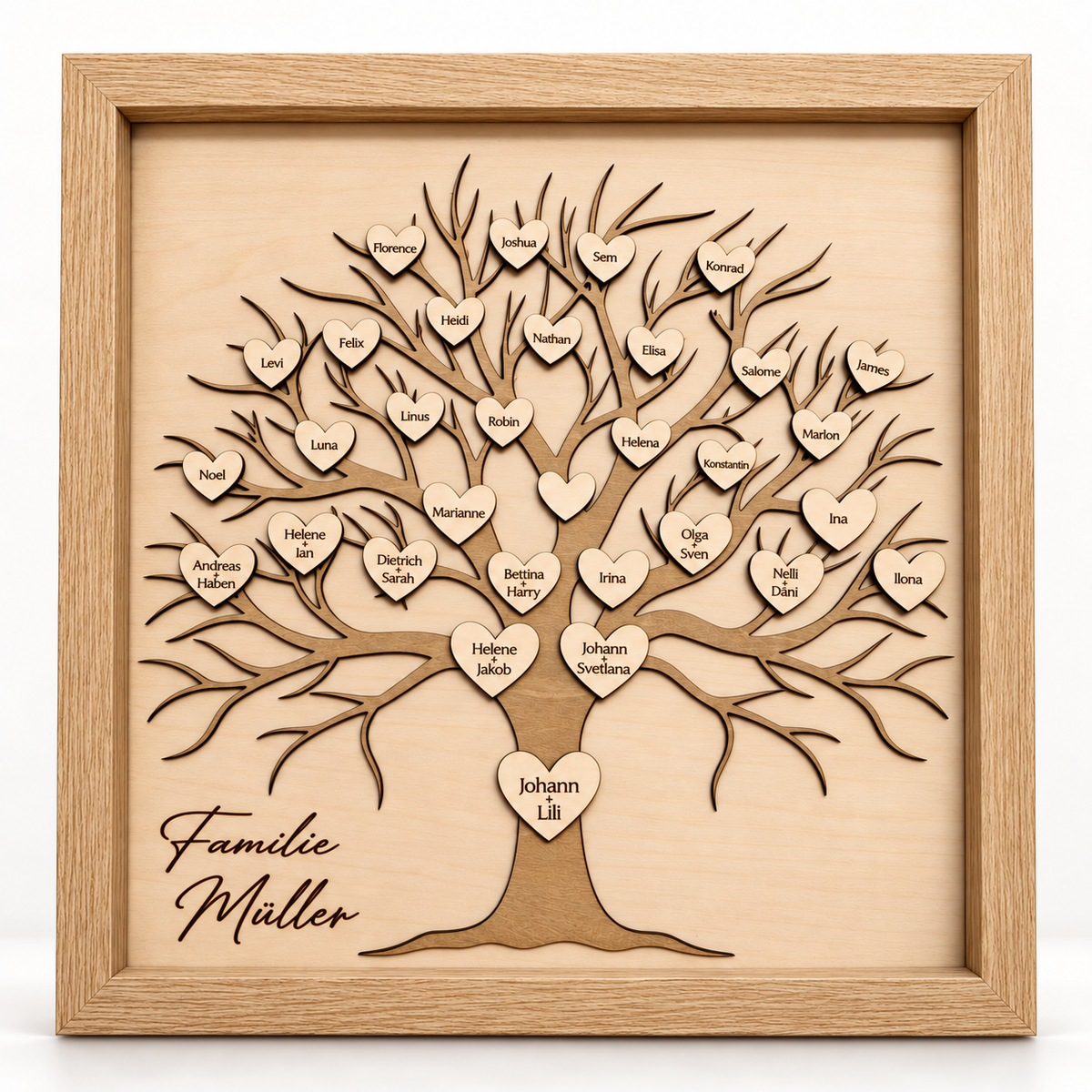 Personalisierter Familienbaum aus Holz im Rahmen als Geschenk für Familie und Großeltern