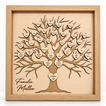 Personalisierter Familienbaum aus Holz im Rahmen als Geschenk für Familie und Großeltern