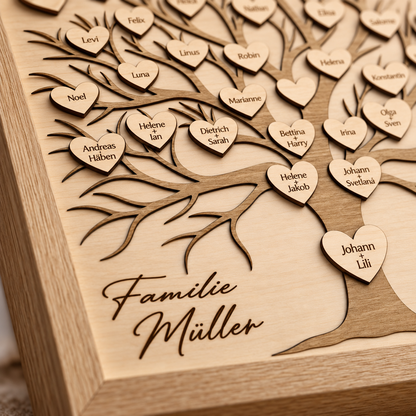 Gerahmter Familienstammbaum aus Holz mit personalisierten Namensherzen – Familie Müller