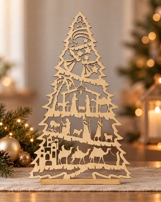 Weihnachtsbaum aus Holz mit Krippenszene – 35 cm