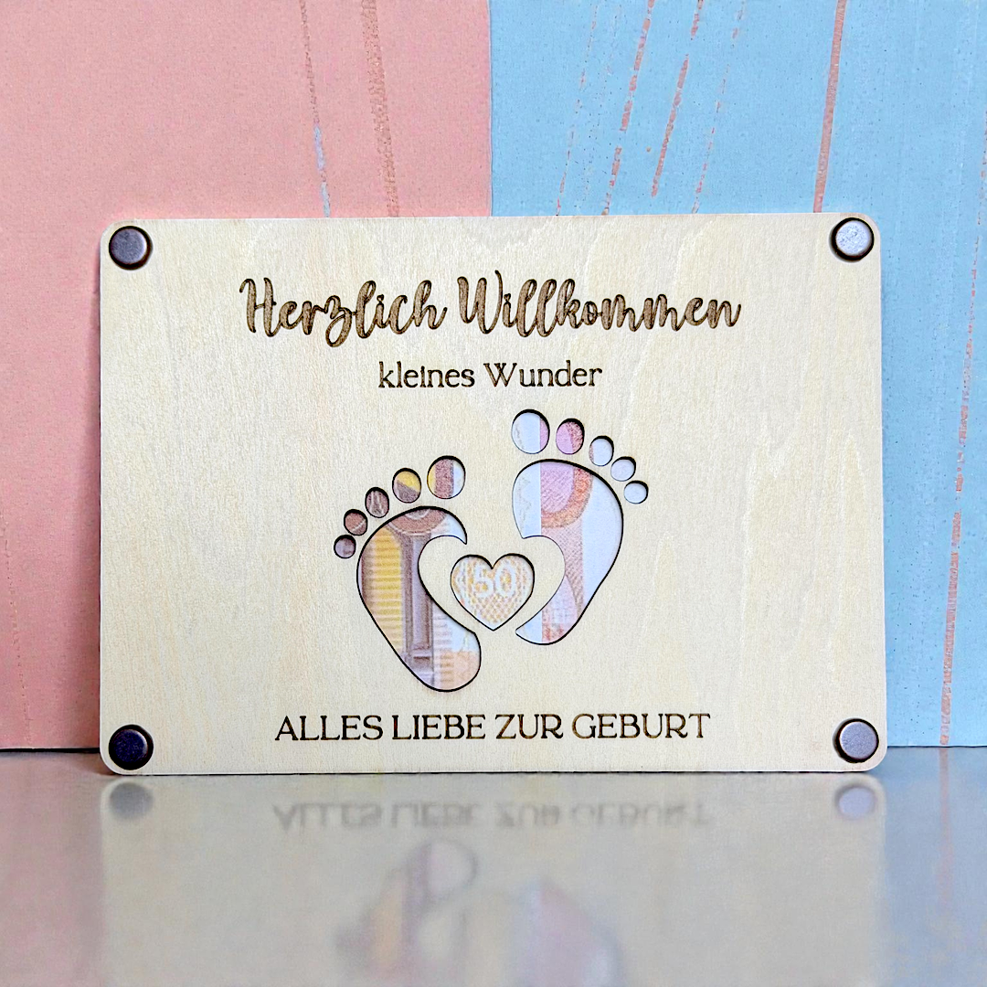 Geldgeschenk zur Geburt aus Holz – Herzlich Willkommen kleines Wunder - Wiens Wood