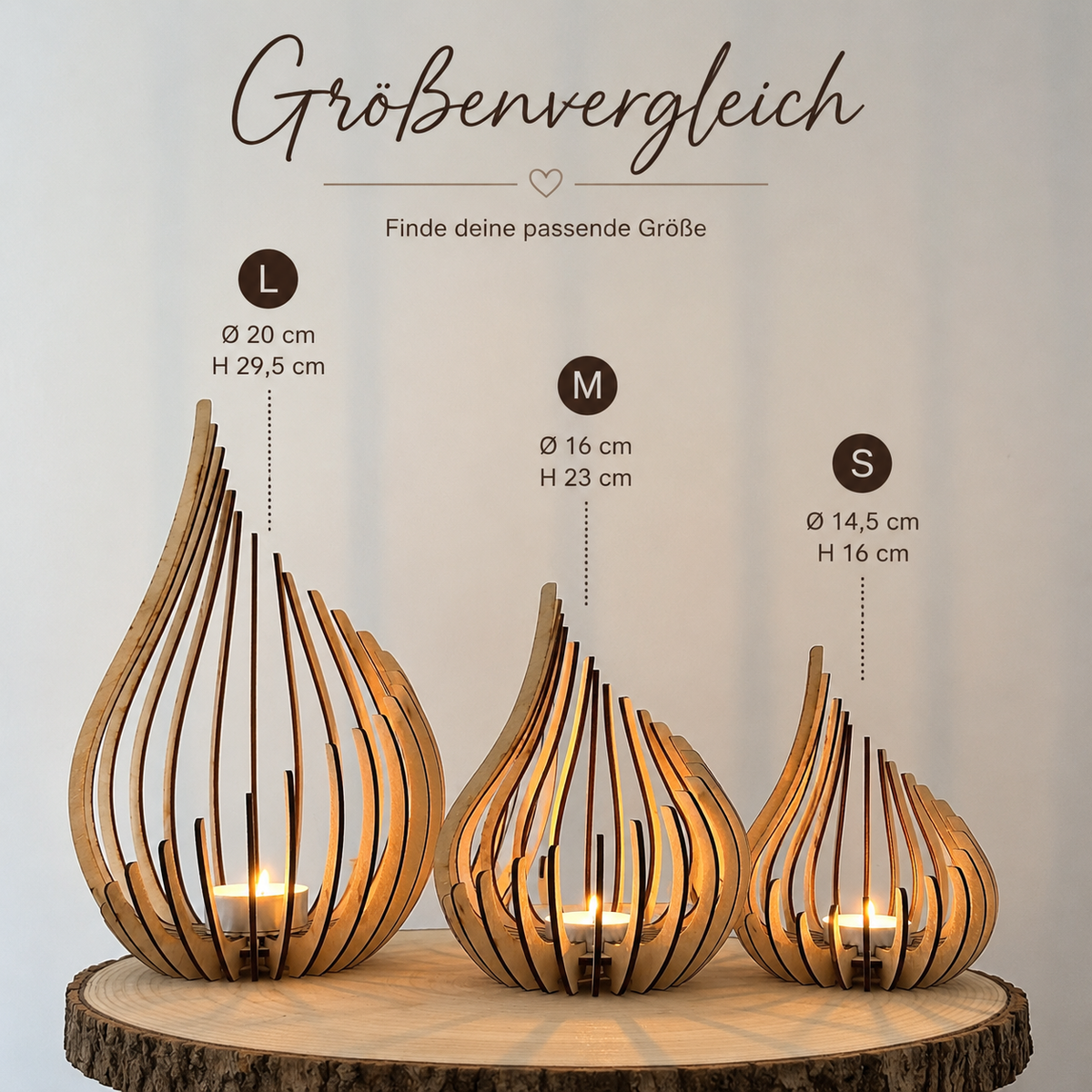 Größenvergleich der Windlichter aus Holz in S, M und L