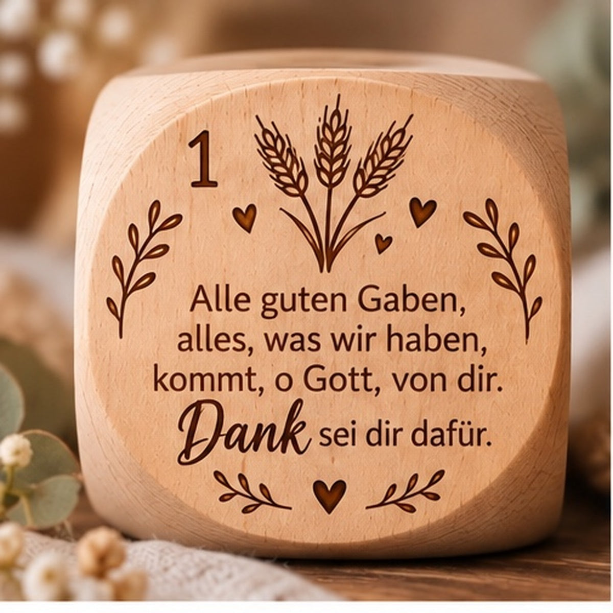 Tischgebetswürfel Kleine Klassiker aus Buchenholz mit dem Gebet Alle guten Gaben – Gravur-Design